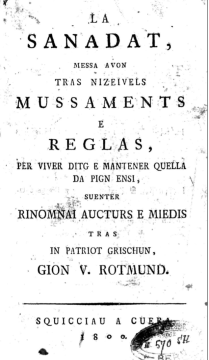 Titelblatt eines Langlebigkeitsberaters von 1800 für Graubünden von Gion v. Rotmond.