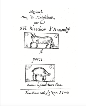 Titelblatt einer tierheilkundlichen Schrift von 1748 mit Zeichnungen von einem Rind und einem Schwein